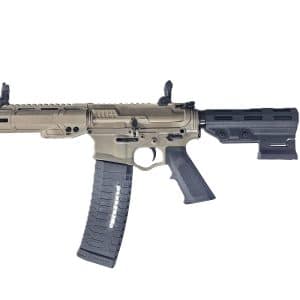 Tan and black semi-automatic rifle shown in profile with a long magazine and adjustable stock on a white background, highlighting its receivers and rails.