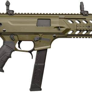 Olive-drab tactical rifle with quad-rail handguard, front and rear sights, pistol grip and curved magazine.
