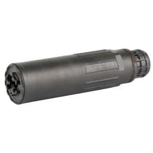 Black rifle suppressor (silencer) lying horizontally, with a knurled end cap at the right end and a threaded muzzle on the left