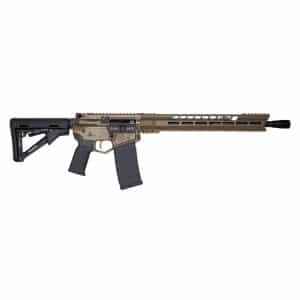 Tan AR-style rifle with collapsible stock, long handguard, and 30-round magazine ready for use in tactical scenarios