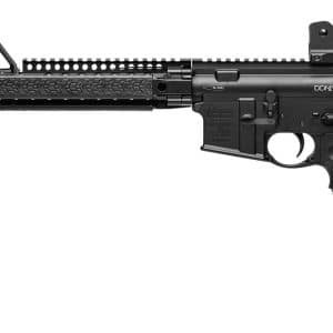 AR-15 style semi-automatic rifle with quad rail handguard, vertical foregrip, and adjustable stock in black finishes the image shows a tactical firearm.