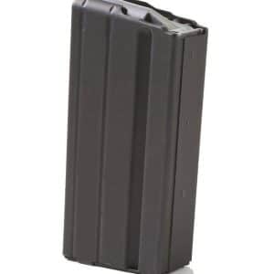Black metal firearm magazine standing upright on a white background