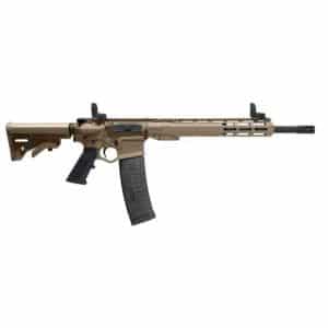 Tan AR-style rifle with a black grip and curved magazine, shown from the left with iron sights and a long handguard.