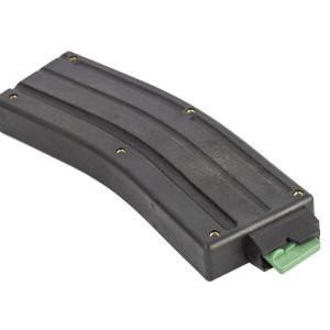 Curved black battery pack with a green connector at one end