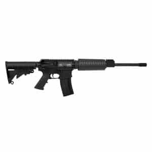 Black AR-style rifle with collapsible stock, pistol grip, and a detachable magazine