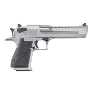 Silver semi-automatic pistol with a black, textured grip, shown in side view.