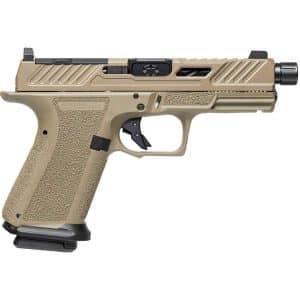 Tan semi-automatic pistol with textured grip and Rails-style upper, shown in side profile with a threaded muzzle device