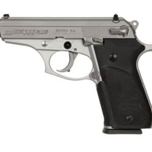 Semi-automatic handgun shown in side profile with a silver-metallic slide and black textured grip (informational image).