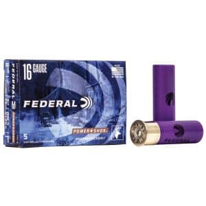 Box of Federal 16-gauge Power Shok shotgun shells (5 cartridges) with two purple shells shown beside the box.
