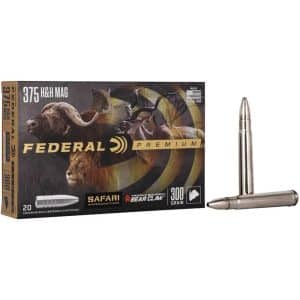 Box of Federal Premium 375 H&H Magnum rifle cartridges with two silver bullets beside it.
