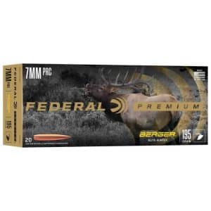 Box of Federal Premium 7MM PRC Elite Hunter ammunition with an elk graphic, 195 grain Berger bullets, 20 rounds included