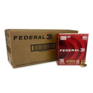 Two Federal ammunition boxes (brown and red) on a white background, with 9mm Luger brass cartridges nearby and a visible barcode on the brown box.