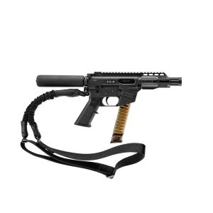Black compact pistol-style firearm with an orange transparent magazine and a sling on a white background