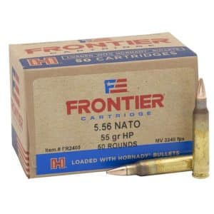 Box of Frontier Cartridge ammunition labeled 5.56 NATO, 55 gr HP, 50 rounds, with two bullets beside the box
