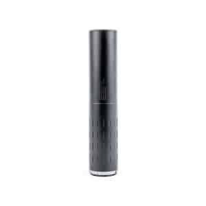 Slim black cylindrical device standing upright on a white background with a knurled textured grip near the bottom and a flat cap on top