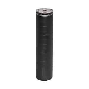 Black cylindrical rifle suppressor with a perforated mounting flange on top for attachment to a barrel edge.