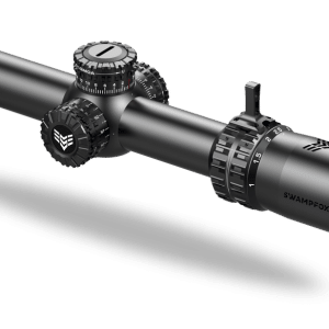 Black tactical riflescope with multi-turn turrets and a teal-tinged objective lens, angled view