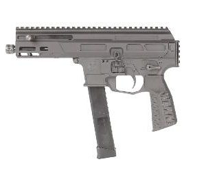 Compact gray firearm with a long top rail and a downward-hanging magazine, shown in profile.