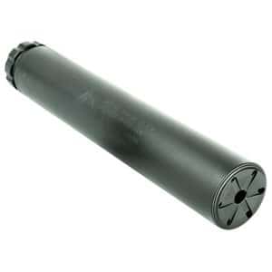 Long gray metal cylindrical canister with threaded cap on one end and a vented circular end on the other, resembling a suppressor or storage tube.