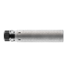 Silver metal firearm suppressor with knurled end and diamond-textured body. (horizontal)