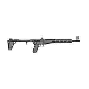 Black tactical semi-automatic rifle with adjustable stock, pistol grip, and long modular handguard shown in side view on a white background
