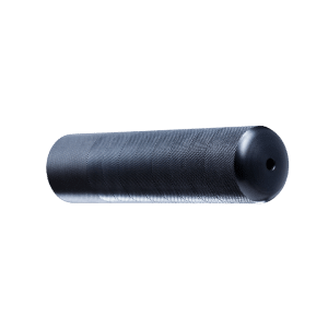 Black cylindrical microphone windscreen lying horizontally on a black background.