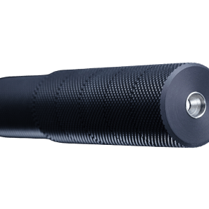 Close-up of a dark blue textured cylindrical grip/roller with a metal end cap and central opening, lying horizontally against a black background