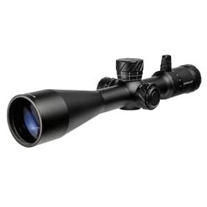 Black riflescope with adjustable turrets and magnification ring, set against a white background