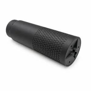 Black cylindrical portable speaker with a knurled grip, resting on a white background. (informative)