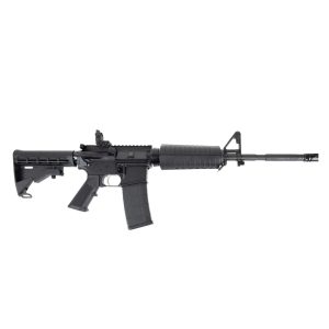 Partially visible black assault rifle lying horizontally along the bottom of the frame, magazine inserted, on a white background.
