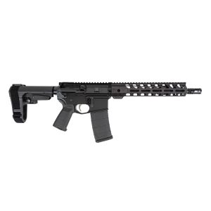 Side view of a black modern sporting rifle with a vented quad-rail handguard and detachable magazine, cropped at the bottom edge.
