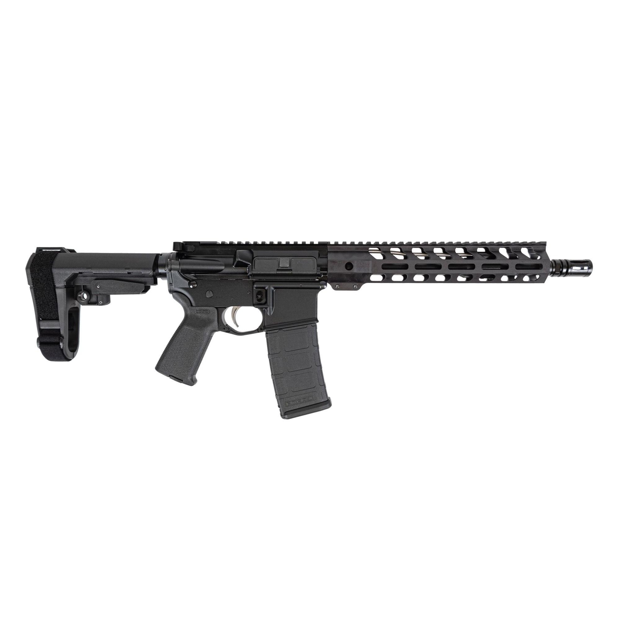 Side view of a black modern sporting rifle with a vented quad-rail handguard and detachable magazine, cropped at the bottom edge.