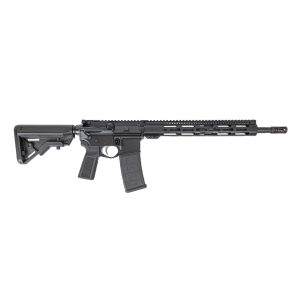 Black semi-automatic rifle laid horizontally with adjustable stock and long rail system against a white background.