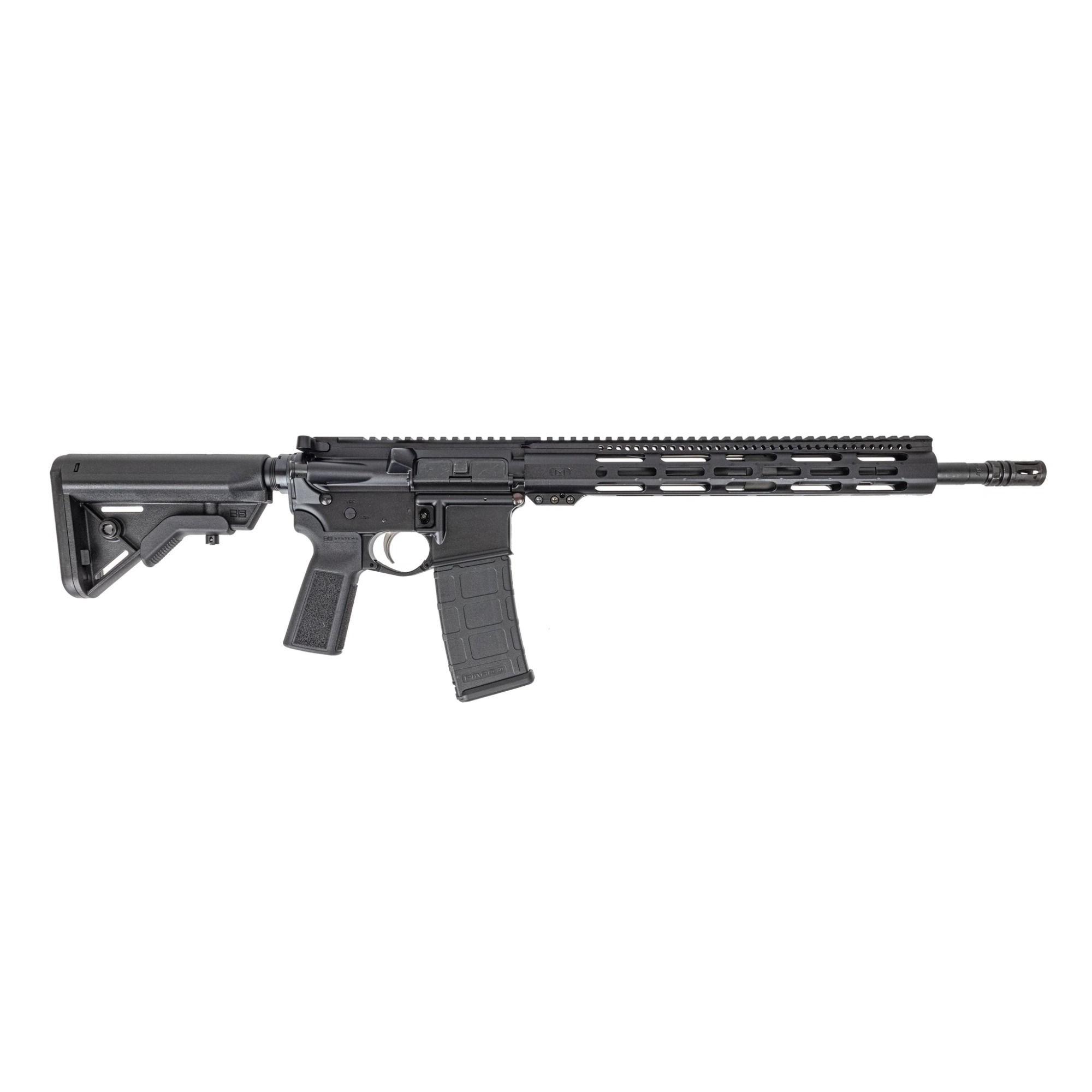 Black semi-automatic rifle laid horizontally with adjustable stock and long rail system against a white background.