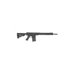 Black modern sporting rifle shown in profile with collapsible stock and long handguard with a detachable magazine.