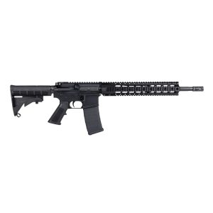 Black semi-automatic rifle shown horizontally against a white background, side view with rail system and magazine visible, bottom edge of image.