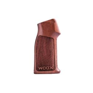 Wood-textured vape mod grip with ergonomic curves and a WooX logo on the bottom panel (side view)