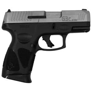 Compact semi-automatic handgun with a silver slide and black textured grip, shown in profile to the right of the image.