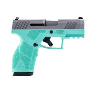 Teal and gray toy handgun shown from the side in profile view.