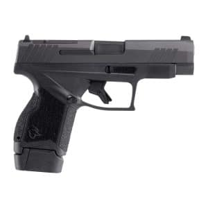 Side view of a black semi-automatic pistol with textured grip and an extendable magazine base.