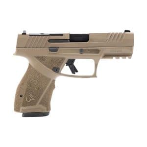 Tan semi-automatic handgun shown in profile from the left, featuring a textured grip, trigger, rails, and compact design.