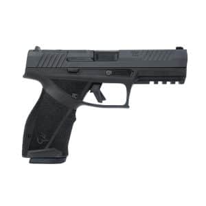 Side view of a black semi-automatic pistol with a textured grip and trigger guard visible.