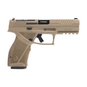 Tan semi-automatic pistol shown in profile with a textured grip and accessory rail on the slide