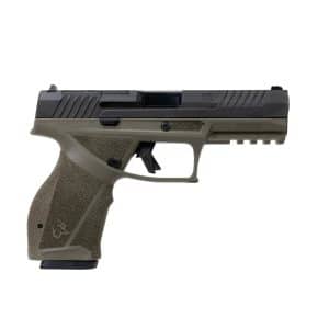 Side view of a semi-automatic pistol with an olive-green frame and black slide, shown in profile.