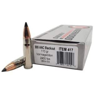 Two rifle cartridges stand upright beside a box labeled 300 AAC Blackout, 110 gr, 2400 fps (Varmageddon).