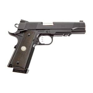Side view of a black semi-automatic pistol with a textured grip and exposed magazine end.