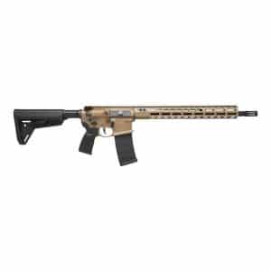 Tan and black semi-automatic rifle with adjustable stock and long Picatinny handguard viewed in profile