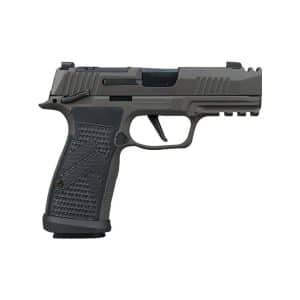 Side view of a modern semi-automatic pistol with textured grip and accessory rail on the frame.