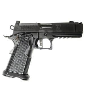 Side view of a black semi-automatic pistol with a textured grip and trigger guard