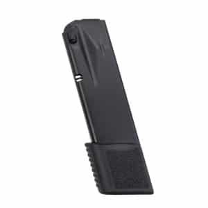 Black handgun magazine with a textured base plate angled upright against a white background.